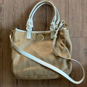 TORY BURCH tan bag with white leather handle & straps